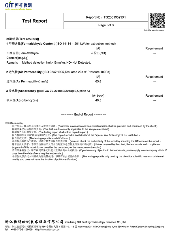test report for polyester rayon fabric